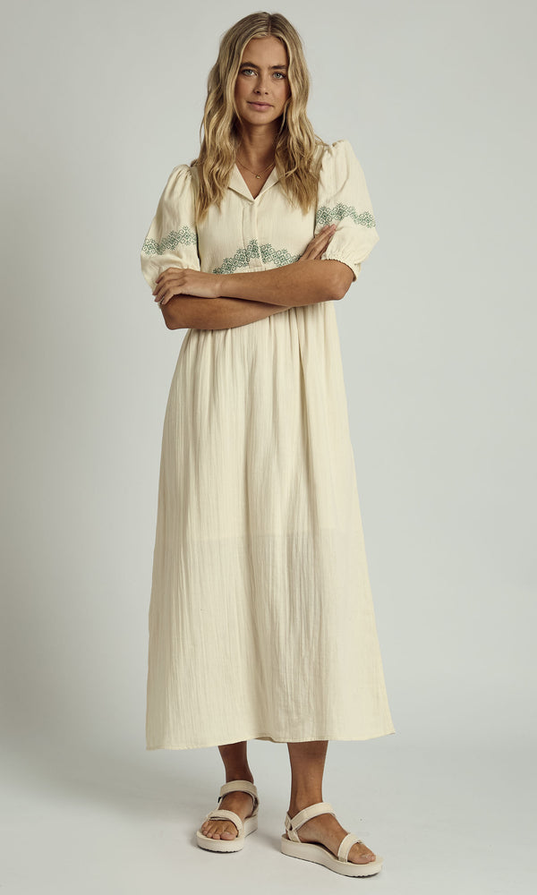 CAMRYN DOUBLE GAUZE EMBROIDERED MIDAXI DRESS