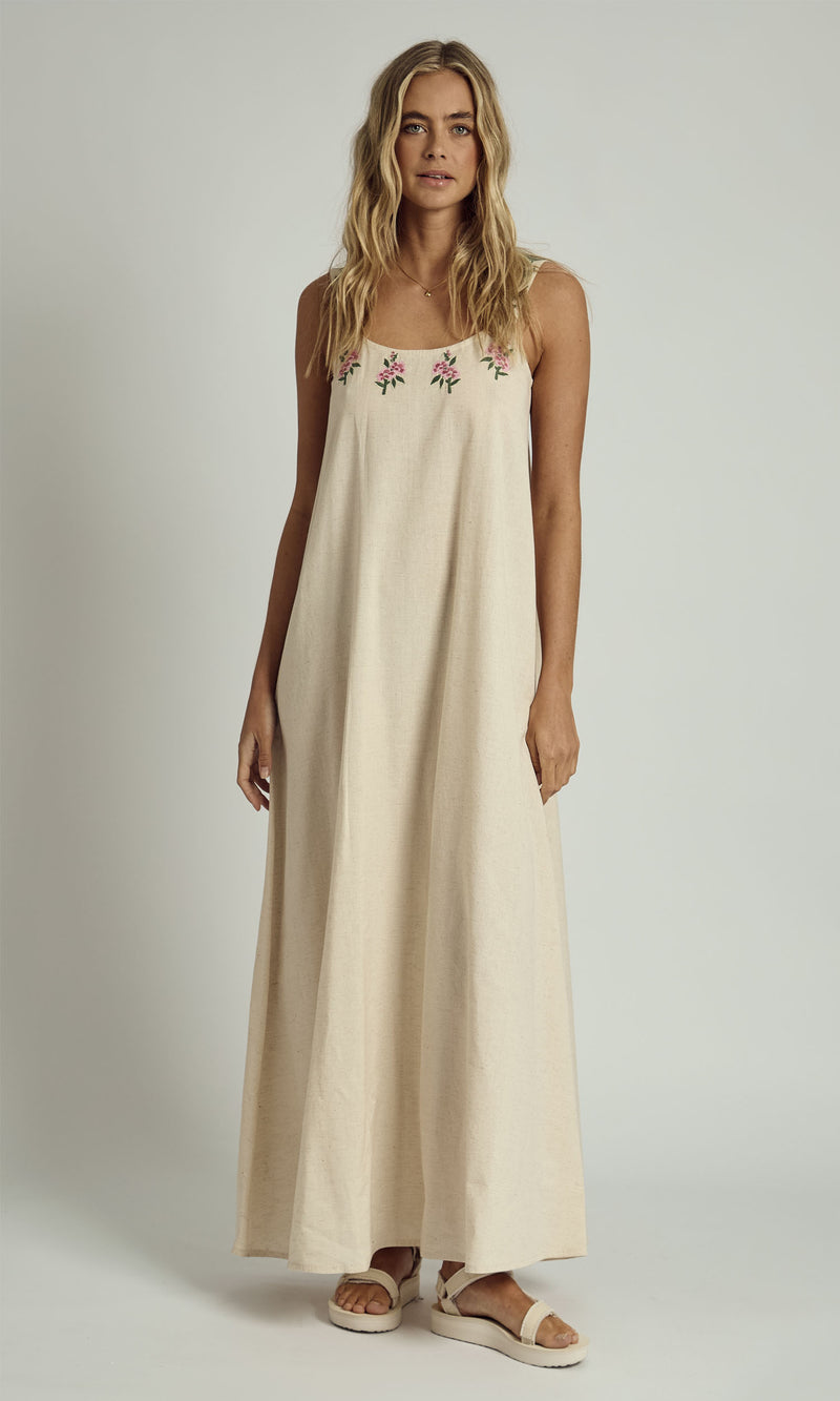 NIA EMBROIDERED EDGE LINEN MAXI DRESS IN STONE