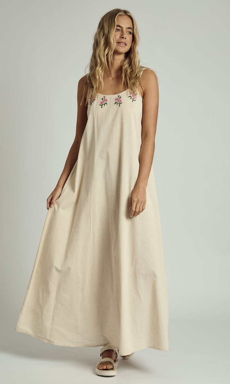 NIA EMBROIDERED EDGE LINEN MAXI DRESS IN STONE