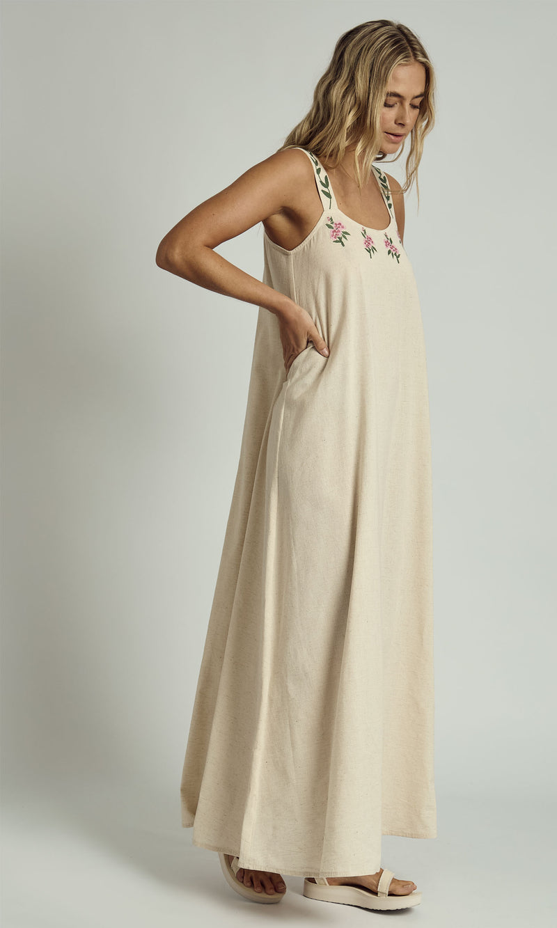NIA EMBROIDERED EDGE LINEN MAXI DRESS IN STONE