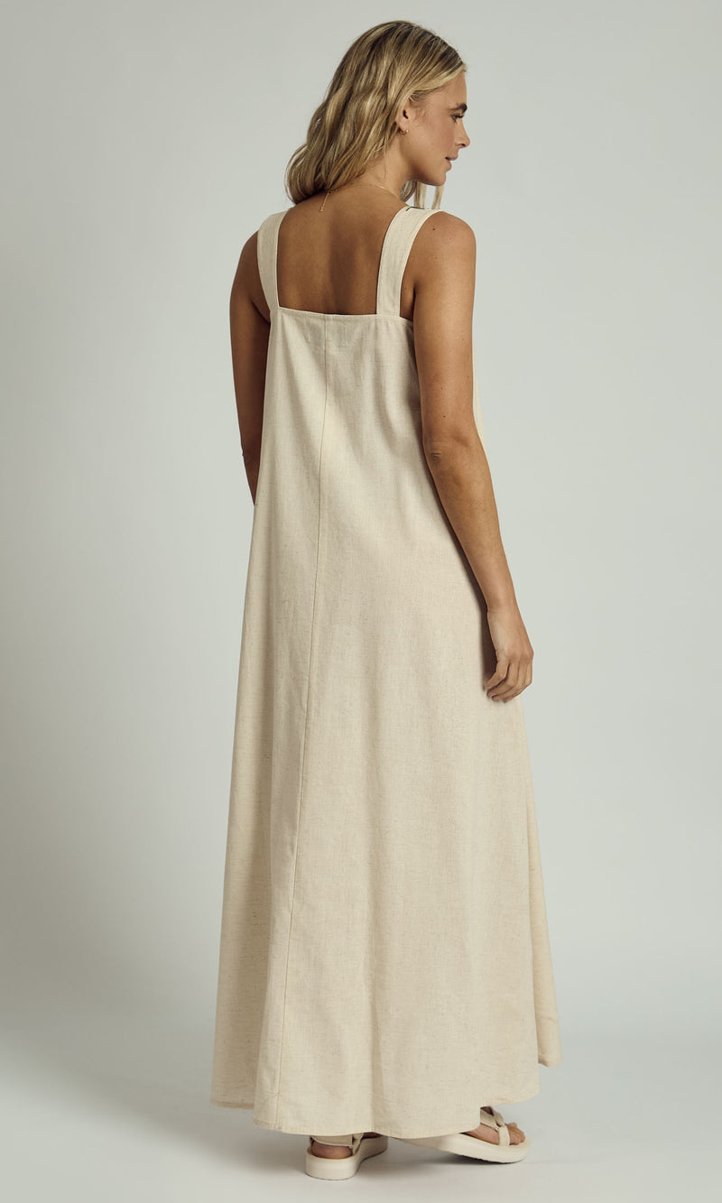 NIA EMBROIDERED EDGE LINEN MAXI DRESS IN STONE
