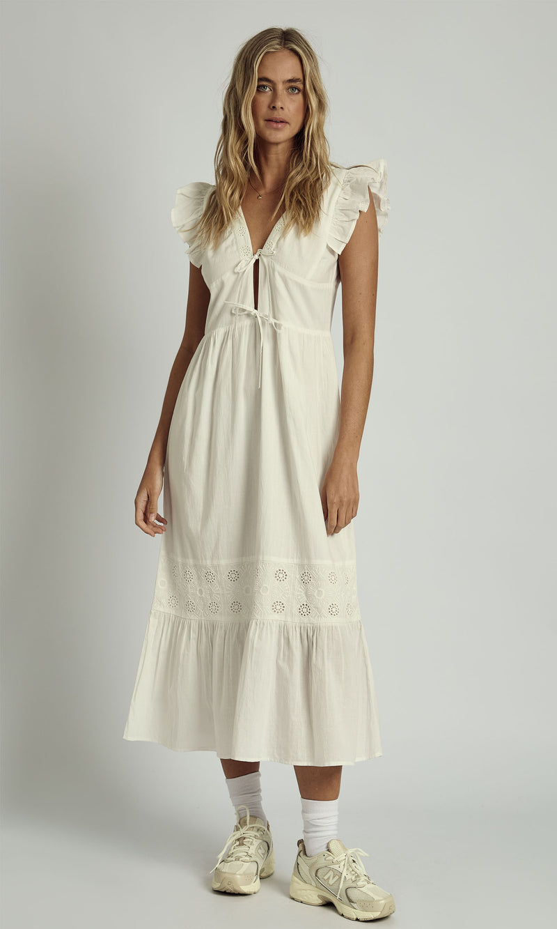 AVERIE RUFFLE MIDAXI FLOATY MIDI DRESS IN WHITE