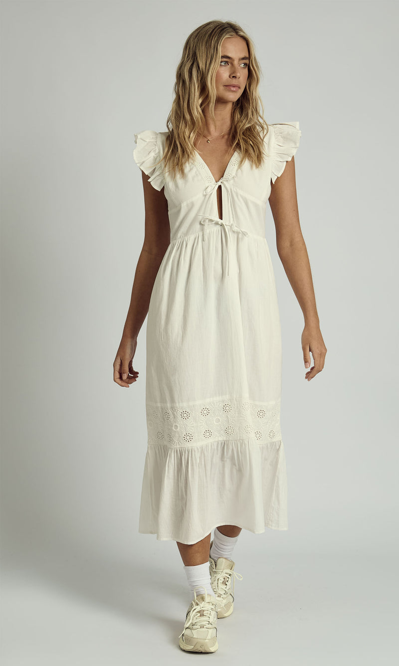 AVERIE RUFFLE MIDAXI FLOATY MIDI DRESS IN WHITE
