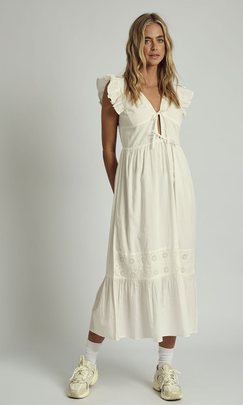 AVERIE RUFFLE MIDAXI FLOATY MIDI DRESS IN WHITE