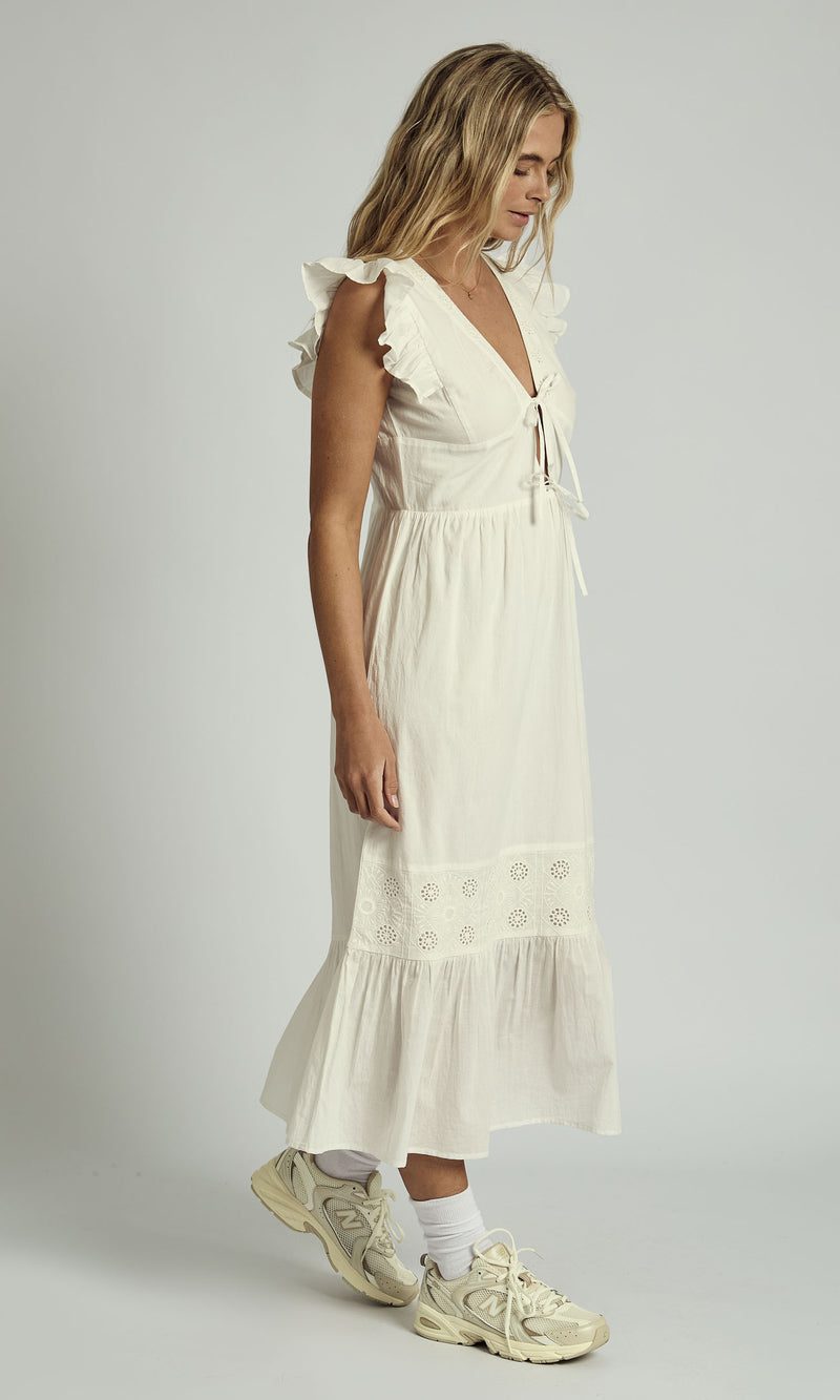 AVERIE RUFFLE MIDAXI FLOATY MIDI DRESS IN WHITE