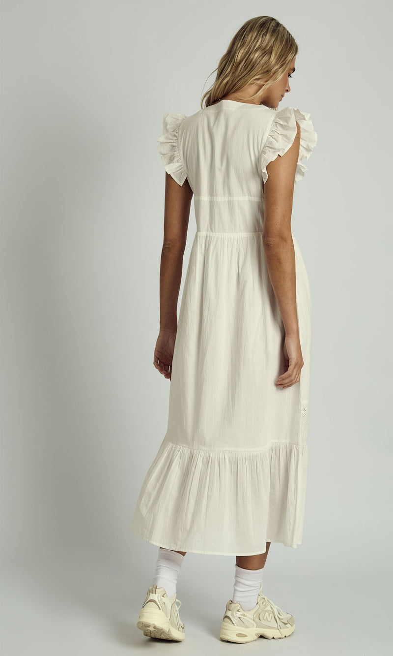 AVERIE RUFFLE MIDAXI FLOATY MIDI DRESS IN WHITE