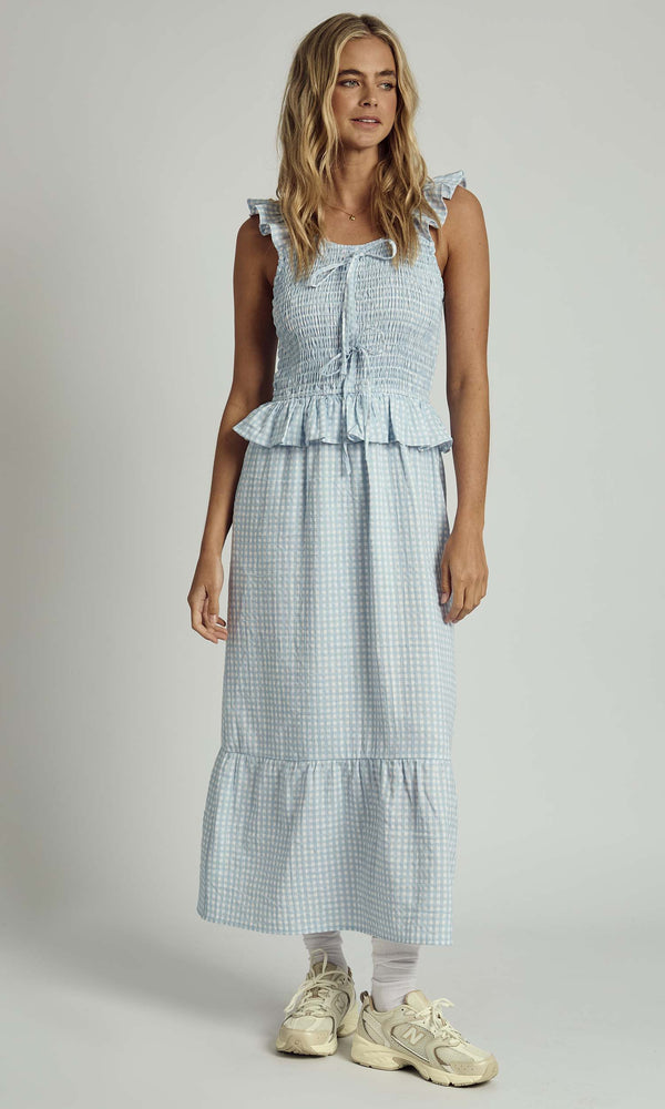 MABEL GINGHAM RUFFLE CHECK MIDI DRESS IN LIGHT BLUE