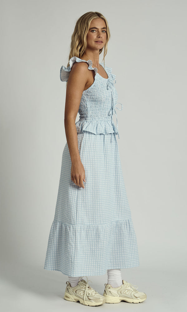 MABEL GINGHAM RUFFLE CHECK MIDI DRESS IN LIGHT BLUE