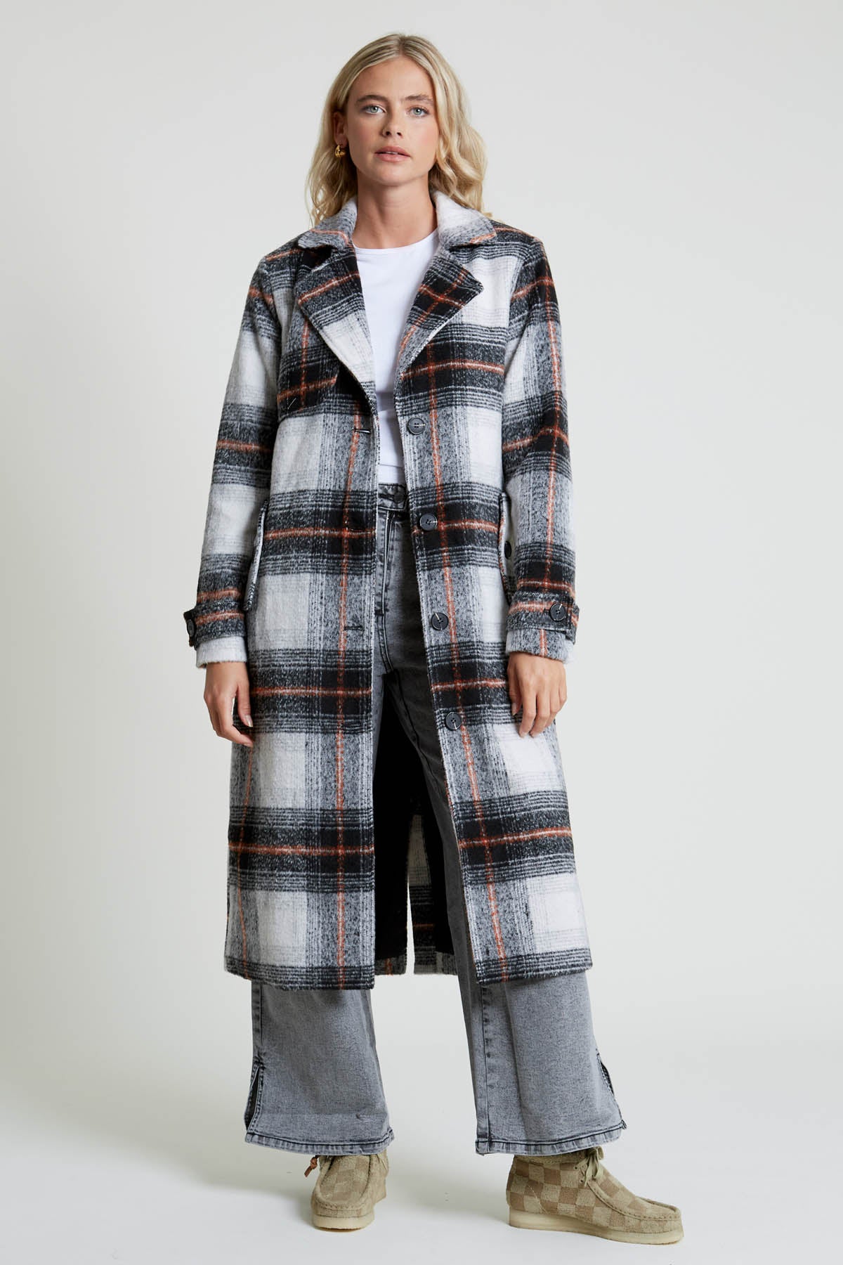 TERESTE LONGLINE CHECK COAT WITH STORM FLAP DETAIL – Native Youth