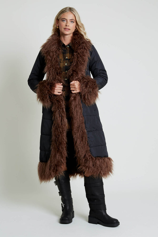 BLAKELEY LONGLINE COCOON PUFFER WITH FAUX FUR TRIM
