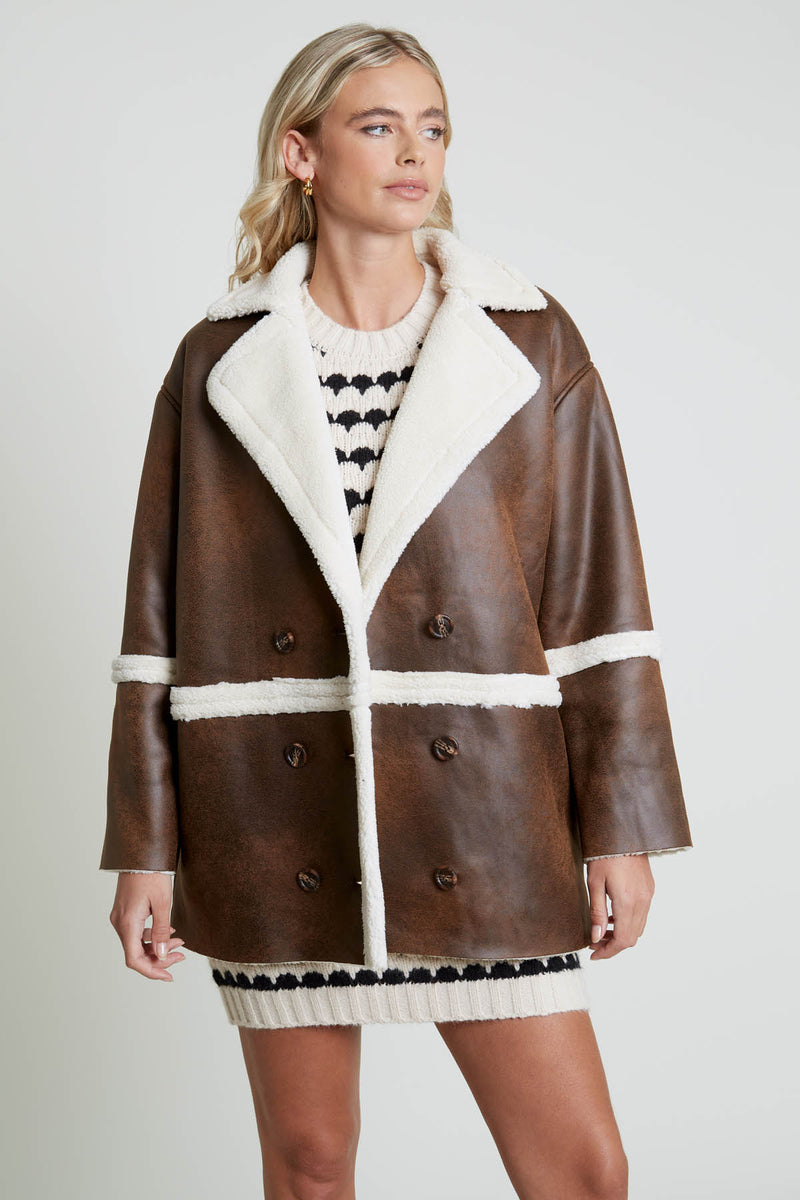 CABOT VINTAGE EFFECT FAUX SHEARLING DOUBLE BREASTED COAT