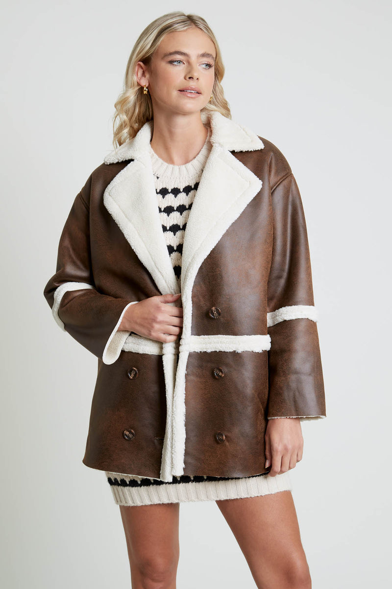 CABOT VINTAGE EFFECT FAUX SHEARLING DOUBLE BREASTED COAT