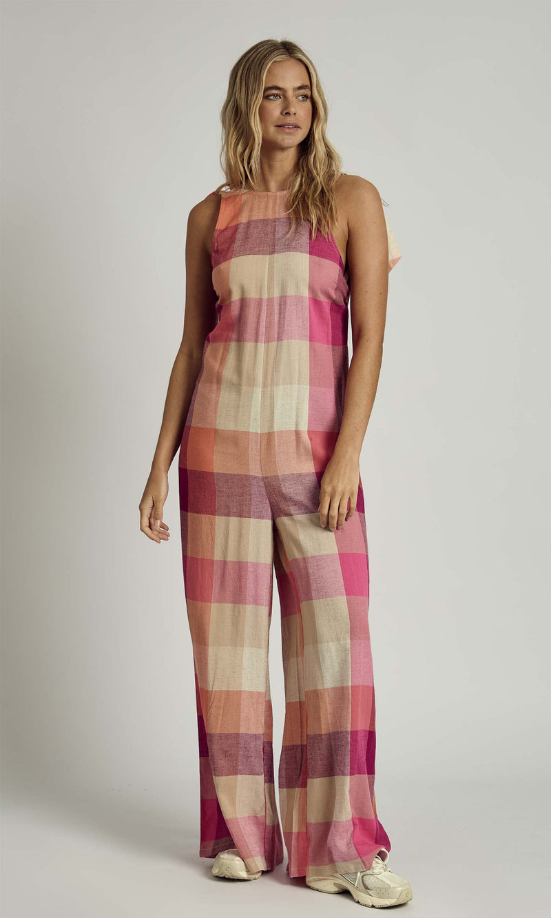 ALMA HALTER NECK CHECK JUMPSUIT IN PINK MULTI