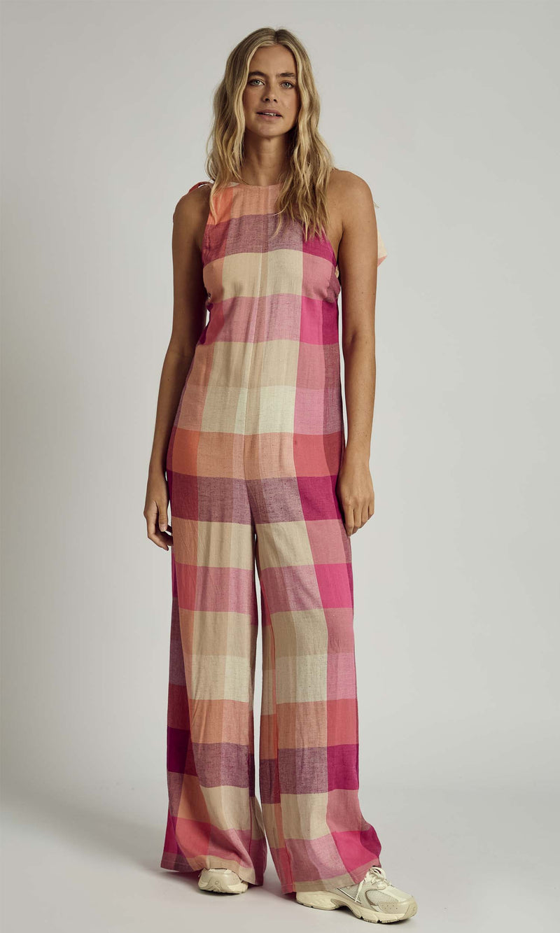 ALMA HALTER NECK CHECK JUMPSUIT IN PINK MULTI