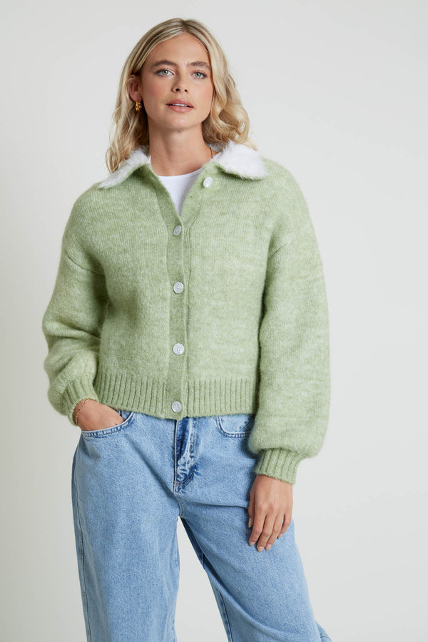 FURTI KNITTED CARDIGAN WITH CONTRAST FLUFFY COLLAR