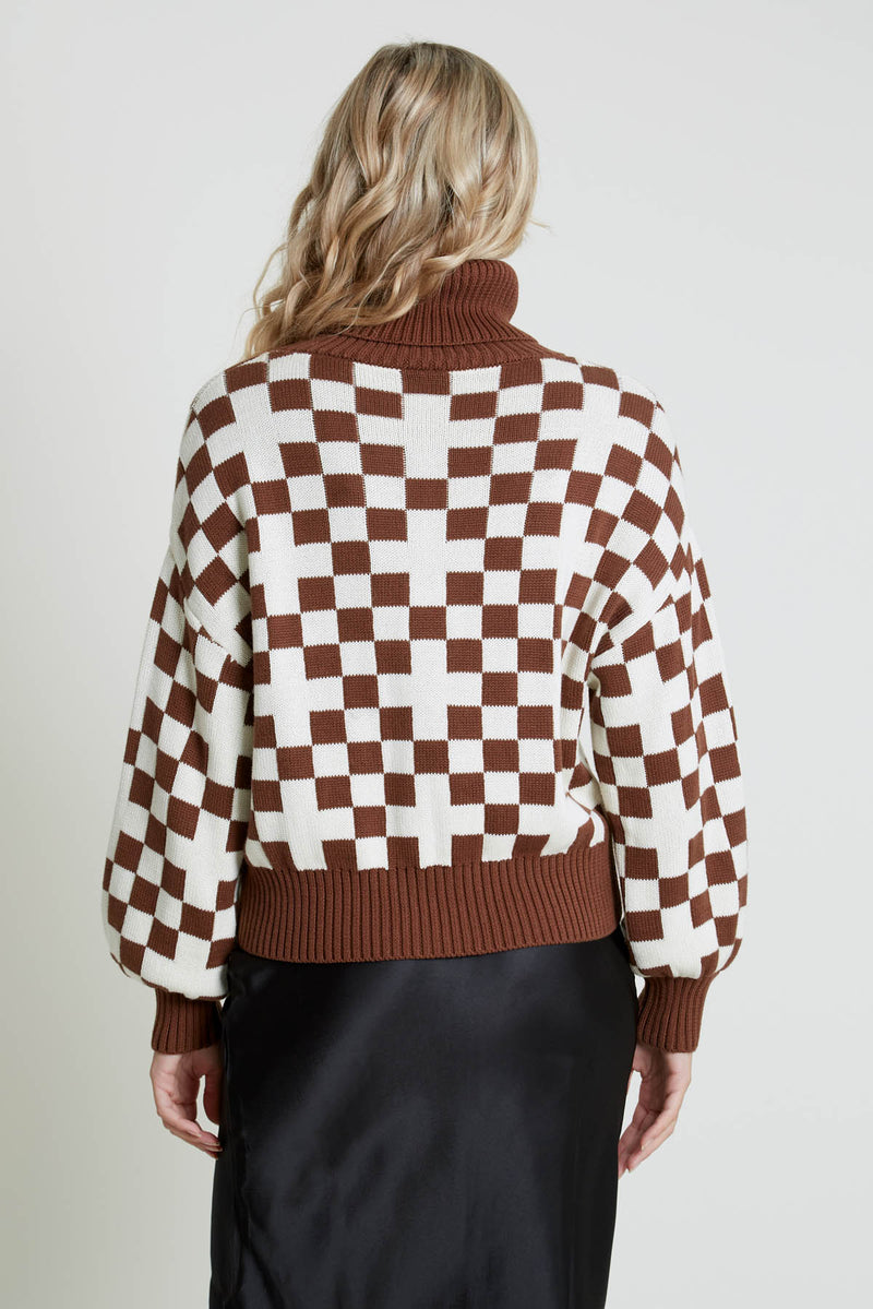 ROCIO OVERSIZED KNITTED ROLL NECK JUMPER IN CHECKERBOARD