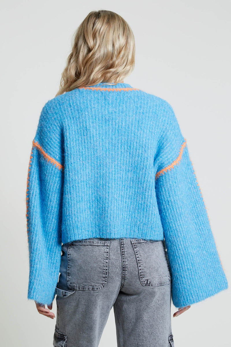 LENI KNITTED BELL SLEEVE JUMPER WITH CONTRAST HAND-STITCH DETAIL