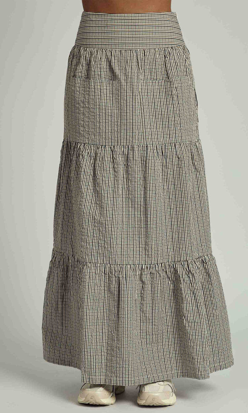 PEYTON MIDI CHECK TIERED SKIRT WITH FRONT POCKETS