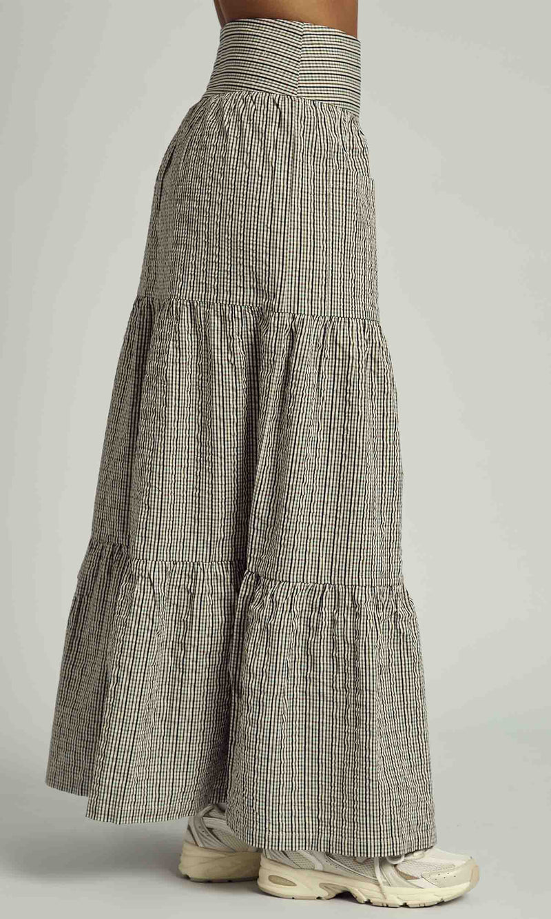 PEYTON MIDI CHECK TIERED SKIRT WITH FRONT POCKETS