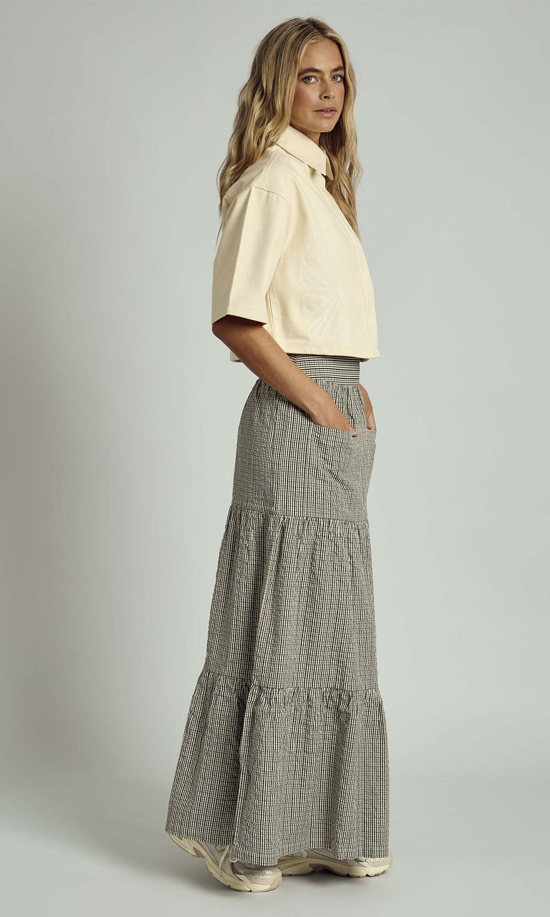 PEYTON MIDI CHECK TIERED SKIRT WITH FRONT POCKETS