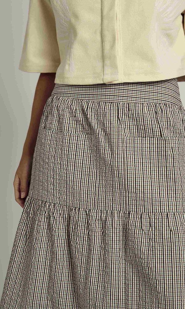 PEYTON MIDI CHECK TIERED SKIRT WITH FRONT POCKETS