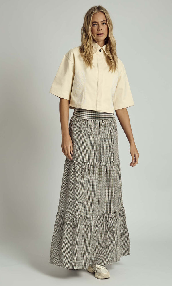 PEYTON MIDI CHECK TIERED SKIRT WITH FRONT POCKETS