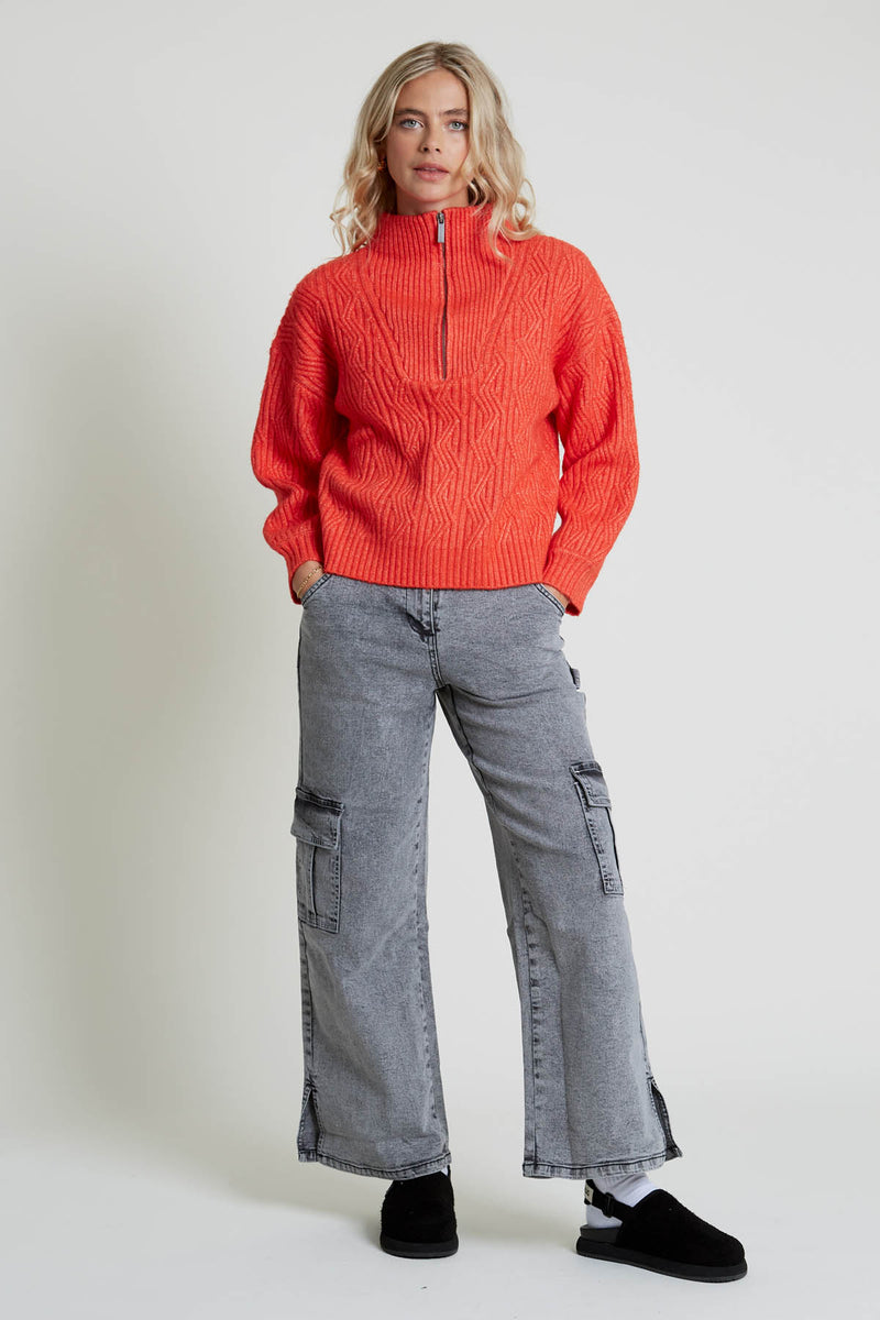 OPIA 1/4 ZIP CABLE KNIT JUMPER WITH DROPPED SHOULDER