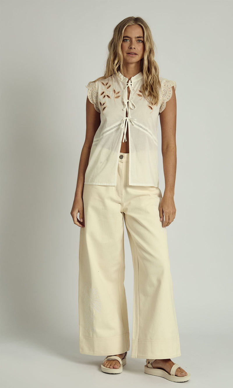 ELLIANA CUTWORK TIE WAISTCOAT WITH CONTRAST EMB DETAIL