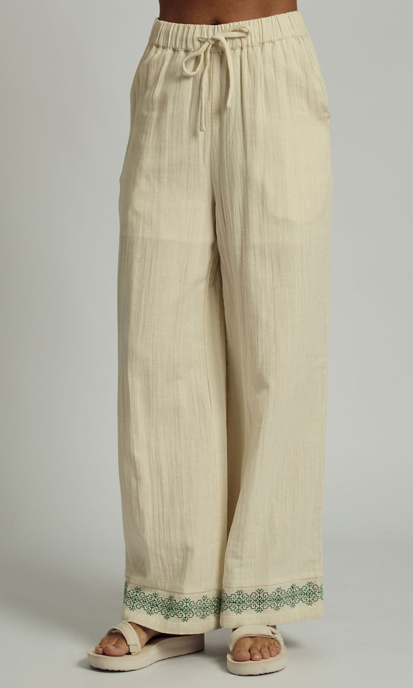 CAMRYN DOUBLE GAUZE EMBROIDERED WIDE LEG TROUSER