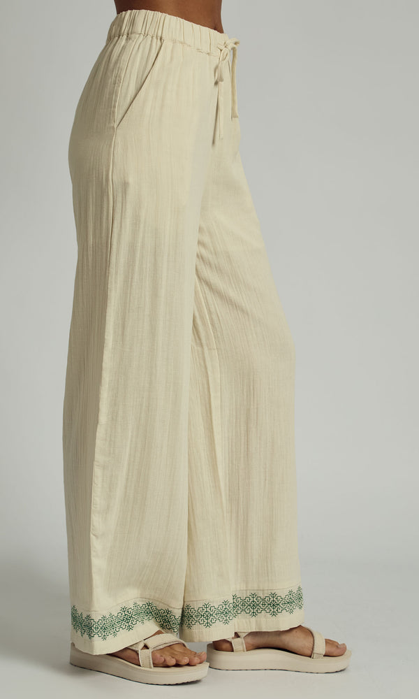 CAMRYN DOUBLE GAUZE EMBROIDERED WIDE LEG TROUSER