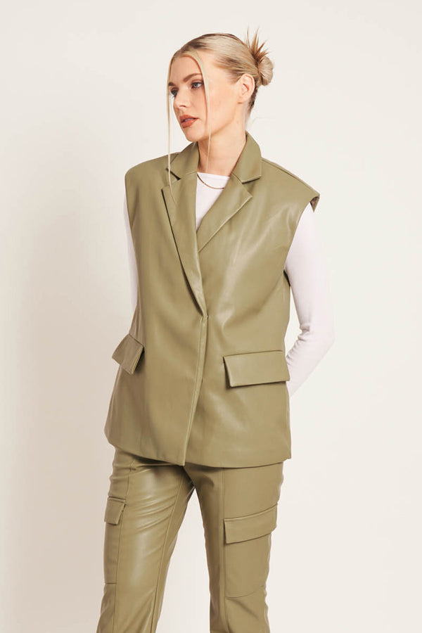 XANTHE SLEEVELESS BLAZER - OLIVE